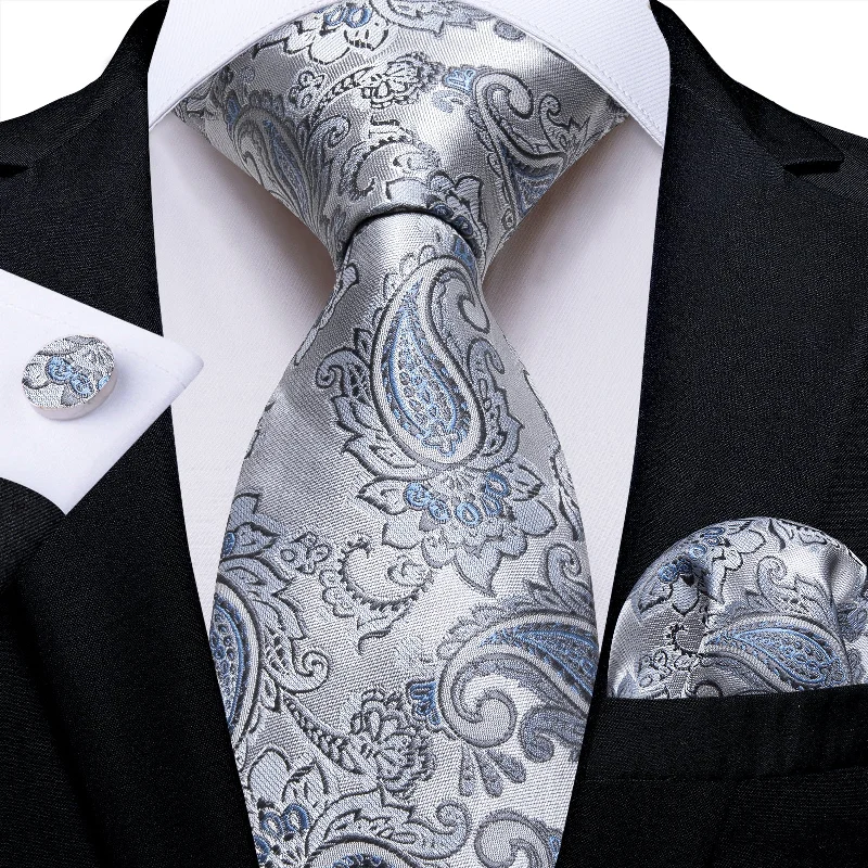 Men's tie with abstract pattern-DiBanGu Silk Tie Silver Grey Blue Paisley Men's Tie Set Classic Hot