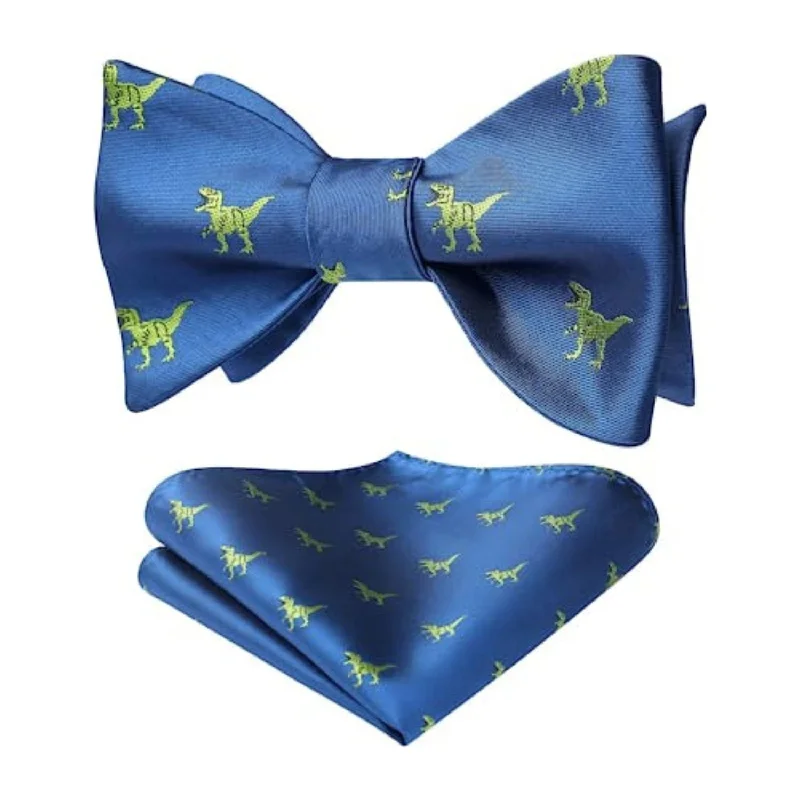 Men's necktie for evening attire-Dinasour Bow Tie & Pocket Square - BLUE