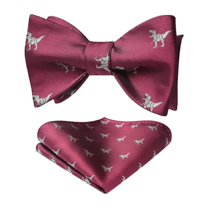 Men's tie with a contrasting stripe-Dinasour Bow Tie & Pocket Square - BURGUNDY