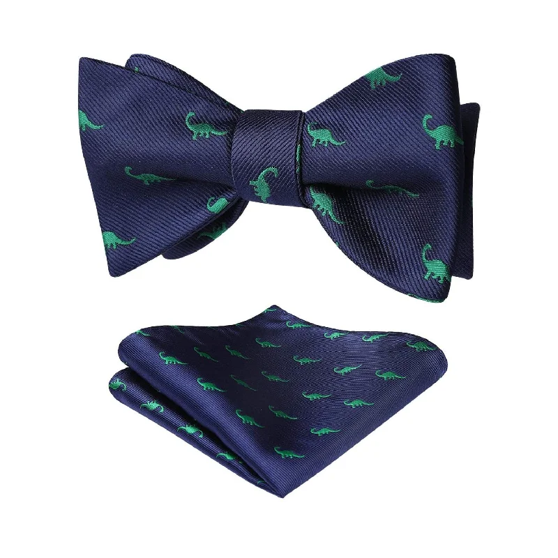 Men's tie for elegant weddings-Dinasour Bow Tie & Pocket Square - NAVY BLUE