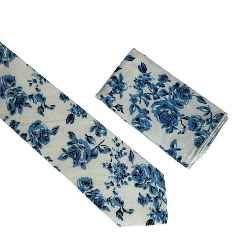 Men's striped necktie for business-ivory cotton tie with blue rose design and matching pocket square