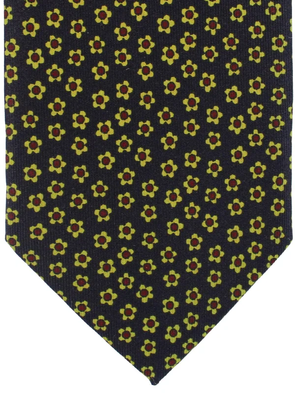 Formal silk tie for men-E. Marinella Tie Classic Dark Navy Dark Maroon Green Mini Flowers