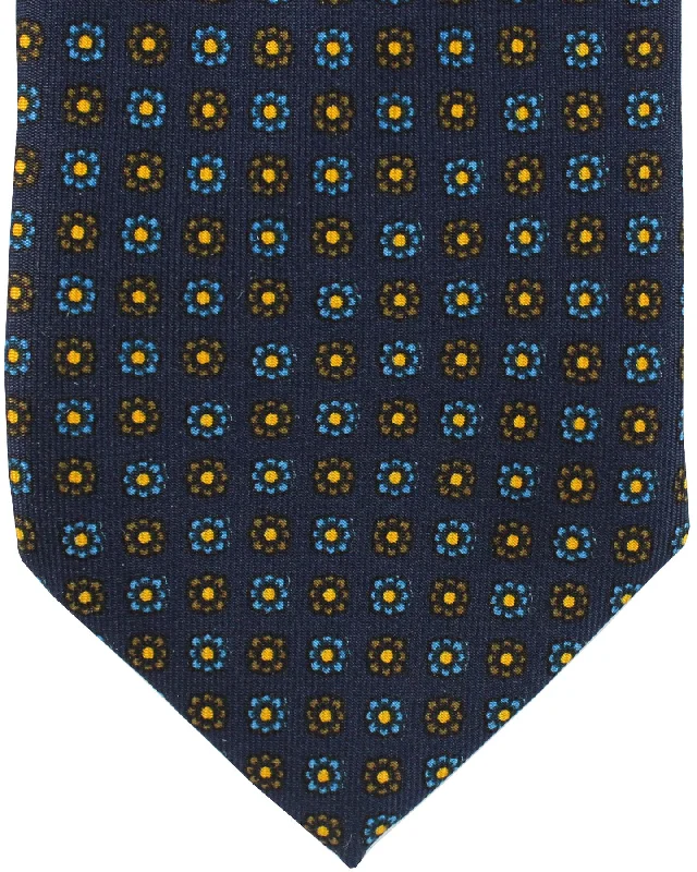 Men's tie for black tie occasions-E. Marinella Tie Navy Brown Mini Flowers Design