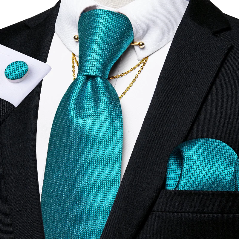 Customizable men's silk tie-Elegent Teal Solid Tie Pocket Square Cufflinks Set with Collar Pin