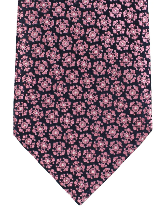 Simple men's tie for interviews-Ermenegildo Zegna Silk Tie Navy Pink Medallions - Hand Made in Italy