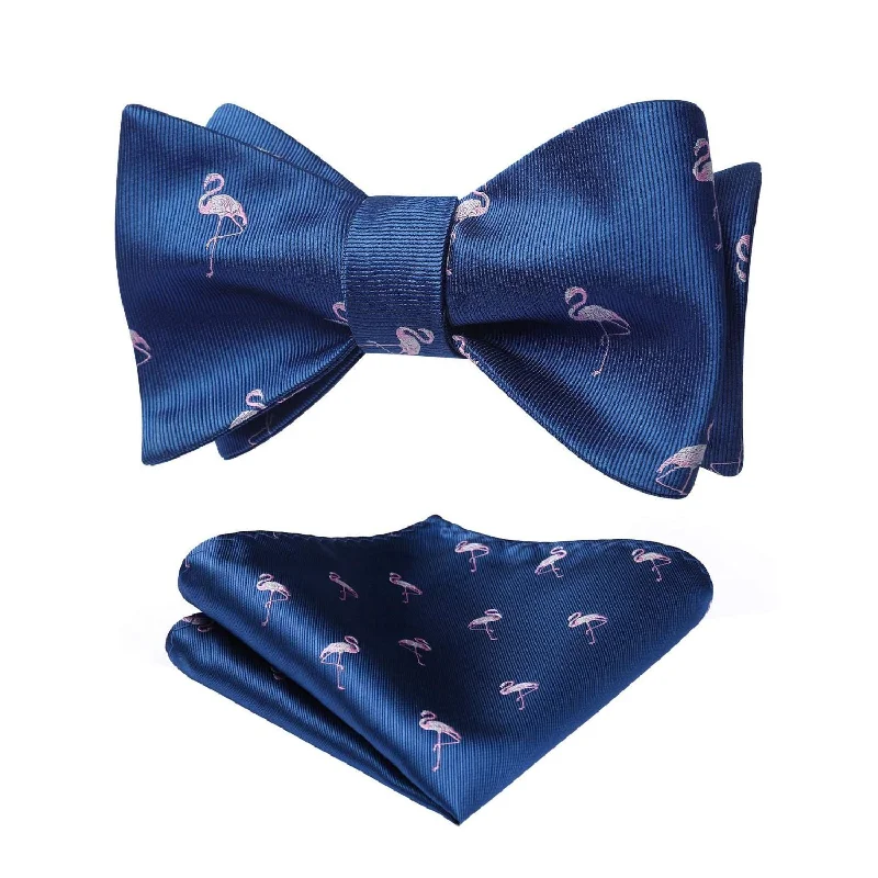 Men's solid color necktie-Flamingo Bow Tie & Pocket Square - BLUE