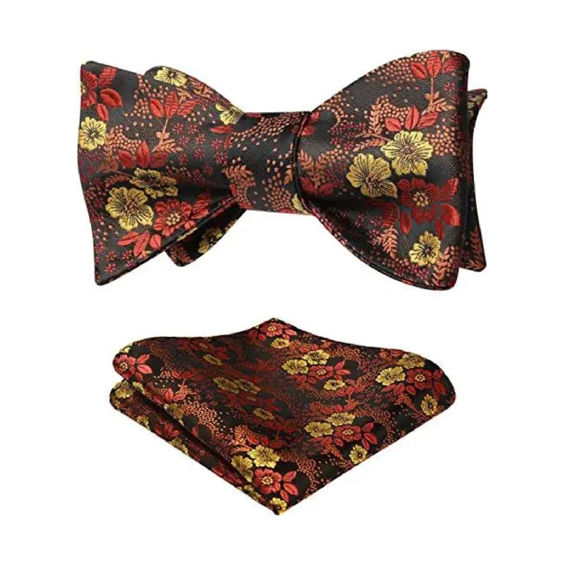 Men's satin tie-Floral Bow Tie & Pocket Square - A-GOLD/ORANGE