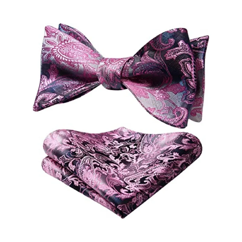 Men's classic tie for the office-Floral Bow Tie & Pocket Square - A-PINK/BLACK