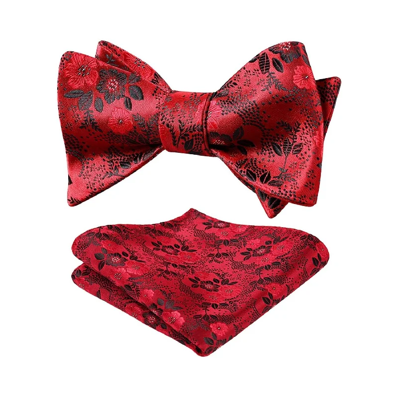 Men's tie for a special dinner-Floral Bow Tie & Pocket Square - A-RED/BLACK