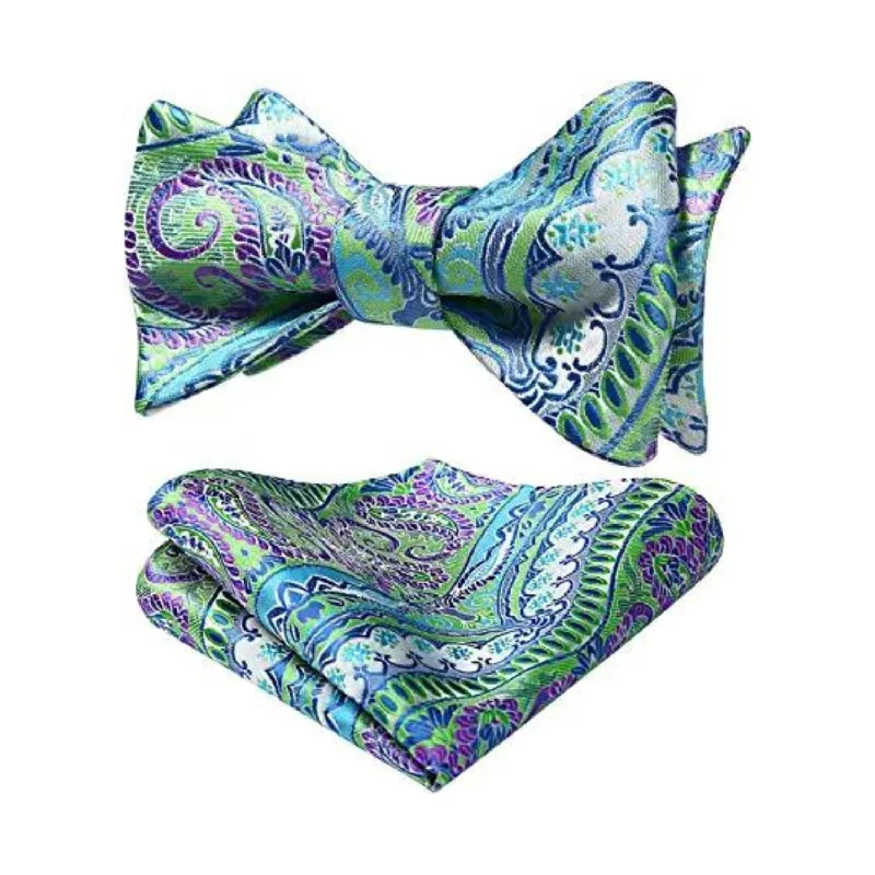 Men's tie for Thanksgiving-Floral Bow Tie & Pocket Square - AQUA/PURPLE