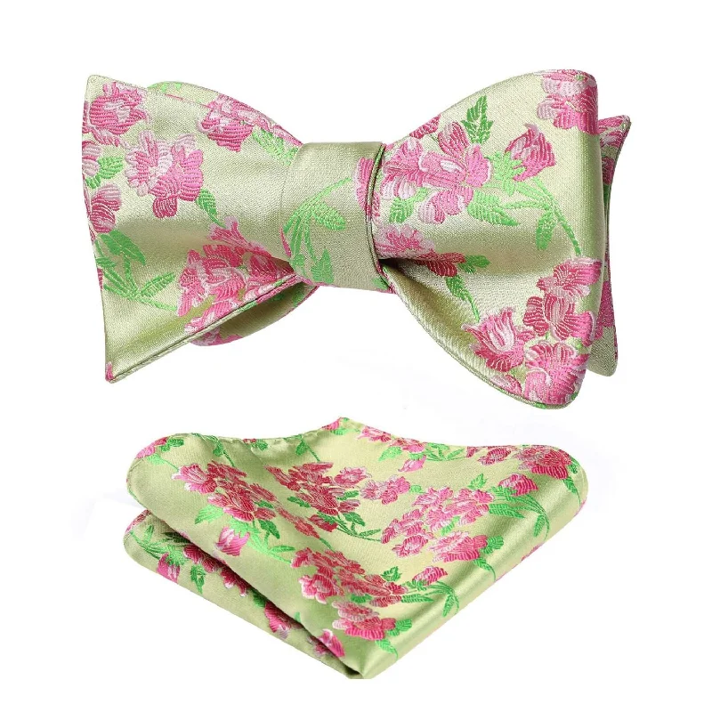 Men's tie for business-Floral Bow Tie & Pocket Square - GREEN/PINK