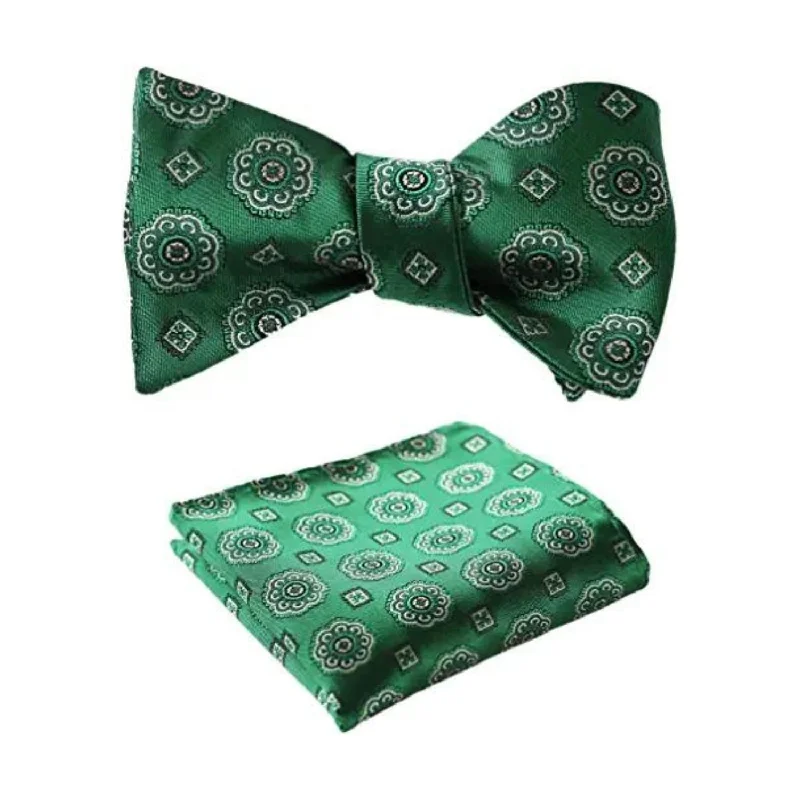 Men's tie for corporate events-Floral Bow Tie & Pocket Square - GREEN