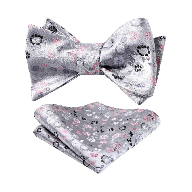 Men's high-quality designer tie-Floral Bow Tie & Pocket Square - GREY/PINK