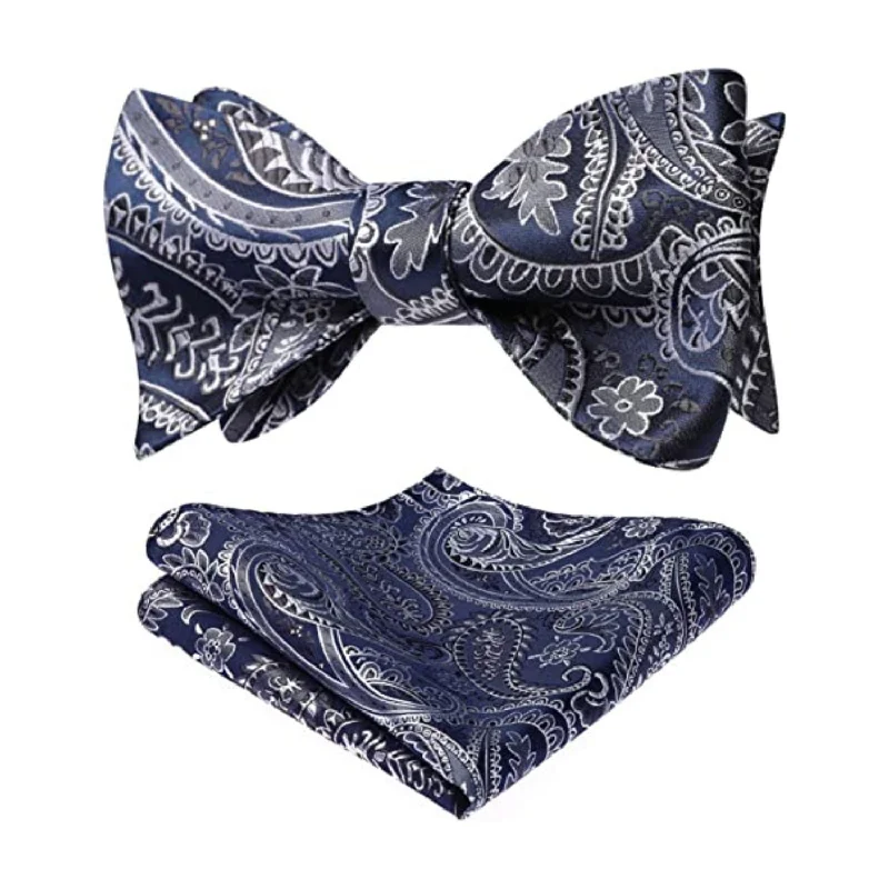 Men's cotton ties-Floral Paisley Bow Tie & Pocket Square Sets - B-NAVY BLUE