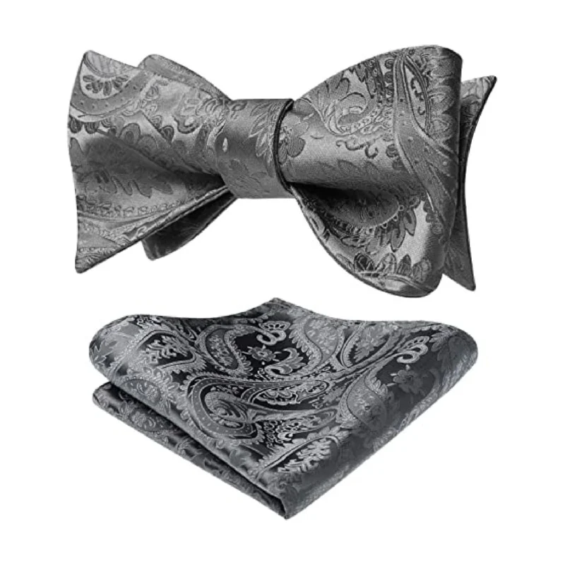 Men's tie for interviews-Floral Paisley Bow Tie & Pocket Square Sets - C-GRAY