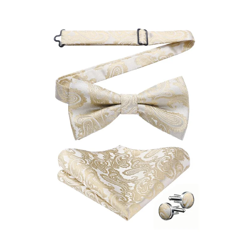 Men's tie for elegant weddings-Floral Paisley Pre-Tied Bow Tie & Pocket Square Sets - 1-CHAMPAGNE