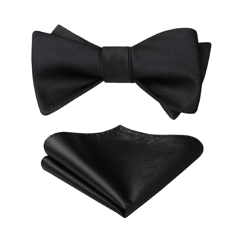 Men's tie with fine lines-Solid Bow Tie & Pocket Square - C1-BLACK