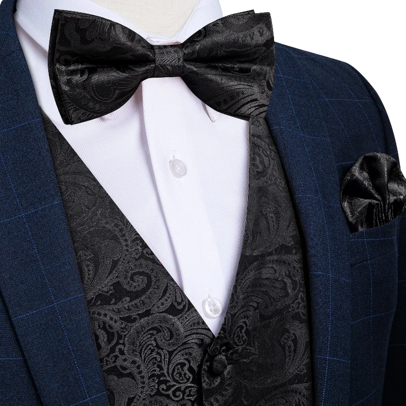 Unique men's necktie for special events-Formal Black Paisley Jacquard Silk Vest Bowtie Handkerchief Cufflinks Set