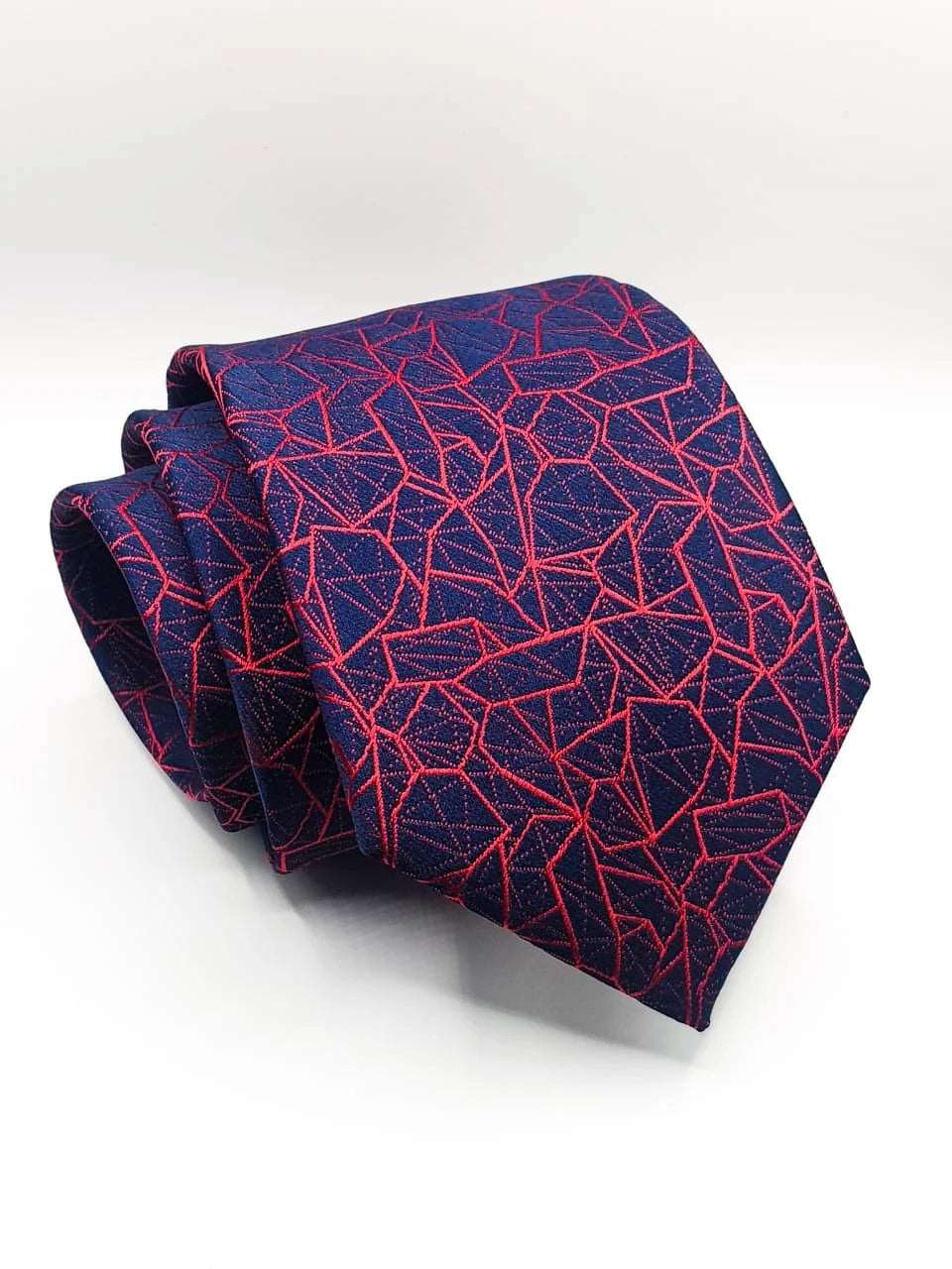 Men's tie with premium fabric-Geometric Blue and Red Striped Tie With Pocket Square