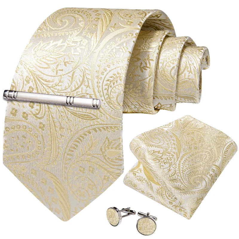 Men's silk tie for corporate events-Golden Floral Men's Tie Handkerchief Cufflinks Clip Set