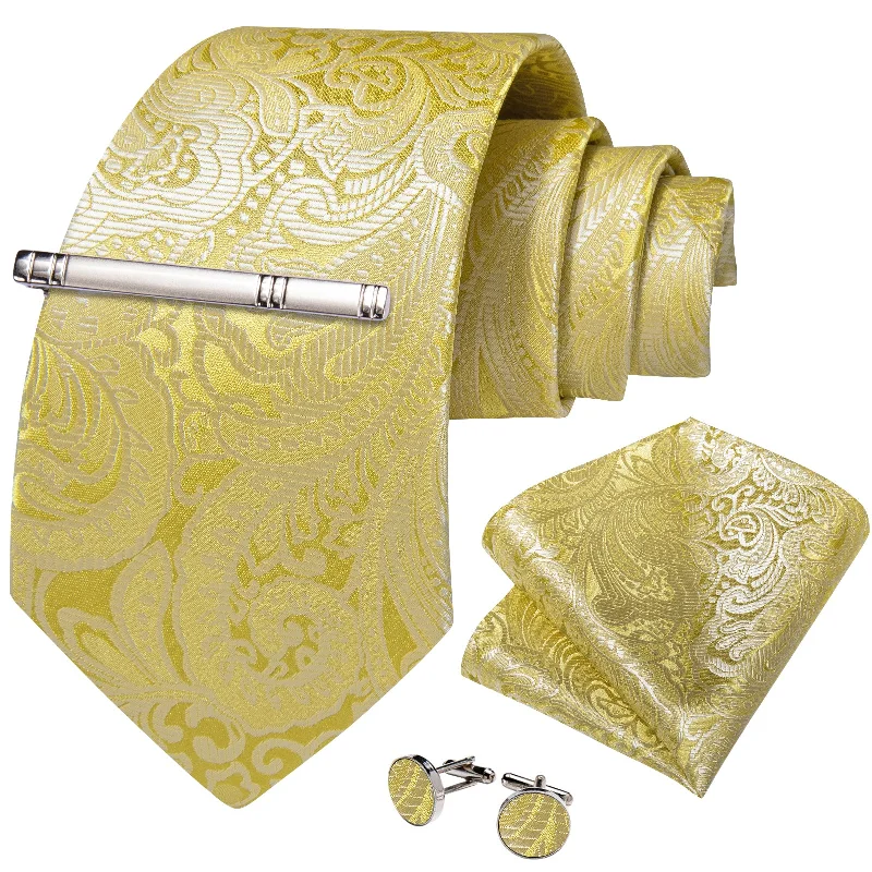 Men's tie for elegant occasions-Golden Floral Men's Tie Handkerchief Cufflinks Clip Set