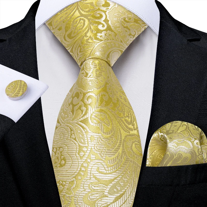 Men's tie for a special dinner-Golden Floral Men's Tie Pocket Square Handkerchief Set