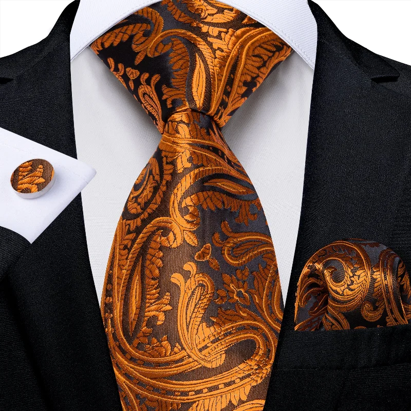 Men's tie with a chic modern pattern-Golden Floral Men's Tie Pocket Square Handkerchief Set