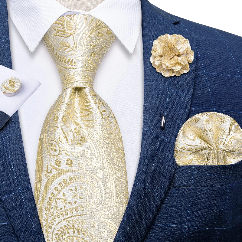 Classic men's necktie-Golden Floral Silk Men's Necktie Handkerchief Cufflinks Set With Lapel Pin Brooch Set