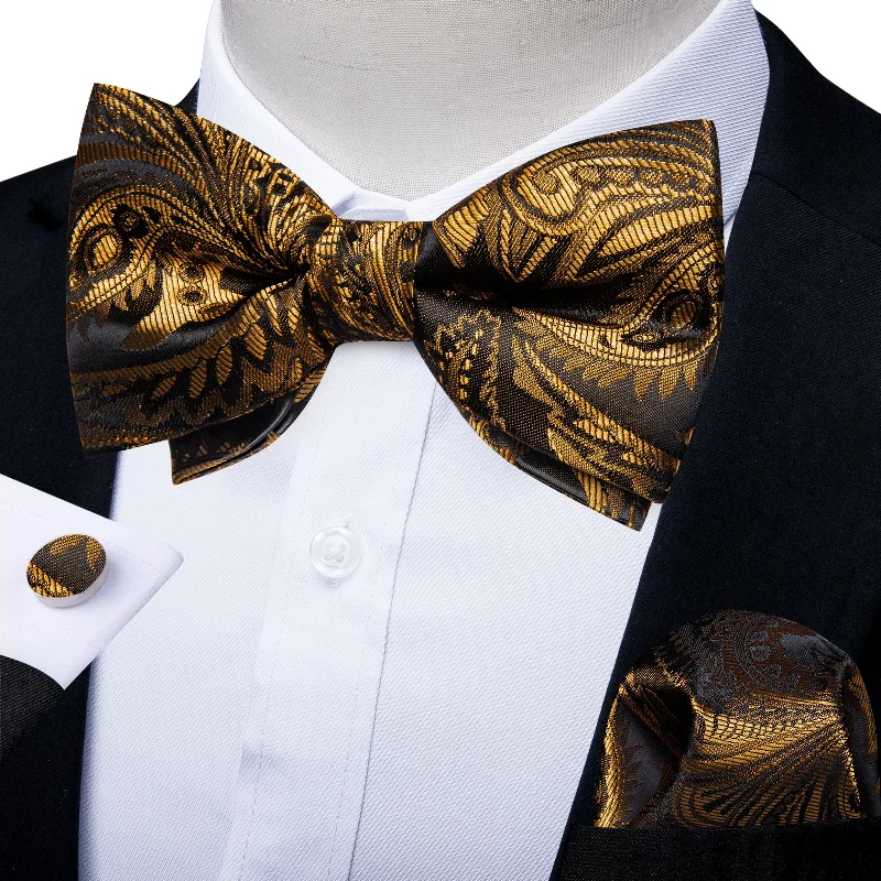 Men's silk tie for interviews-Golden Floral Silk Men's Pre-Bowtie Pocket Square Cufflinks Set