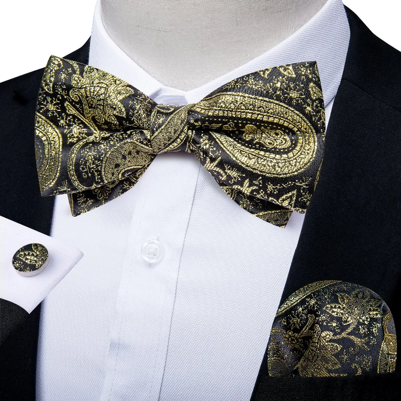 Men's tie with retro design-Golden Floral Silk Men's Pre-Bowtie Pocket Square Cufflinks Set