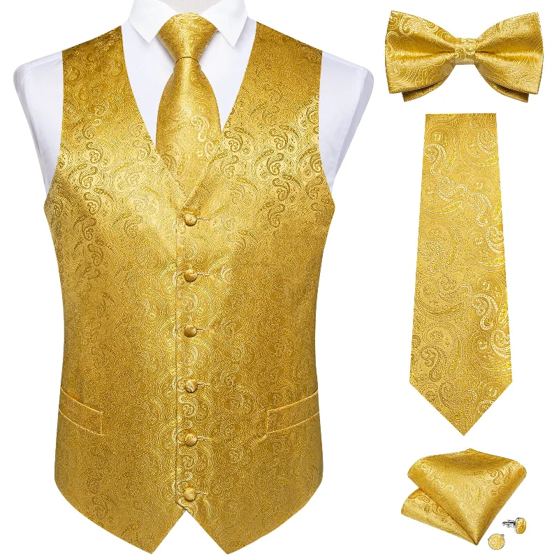 Men's tie for a special dinner-Golden Paisley Jacquard Vest Neck Bow Tie Handkerchief Cufflinks Set