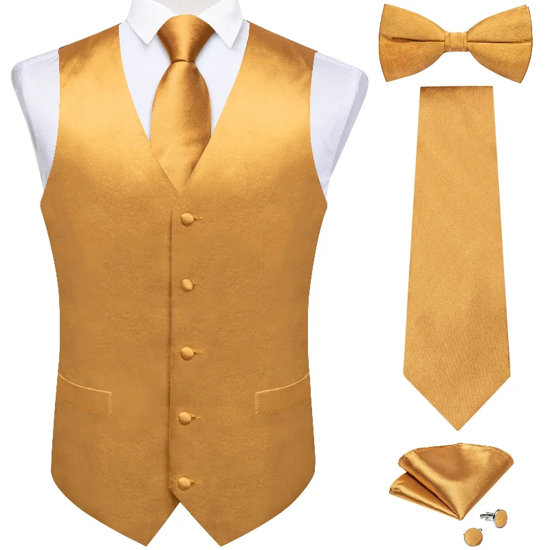 Men's tie for holiday parties-Golden Solid Jacquard V Neck Vest Neck Bow Tie Handkerchief Cufflinks Set