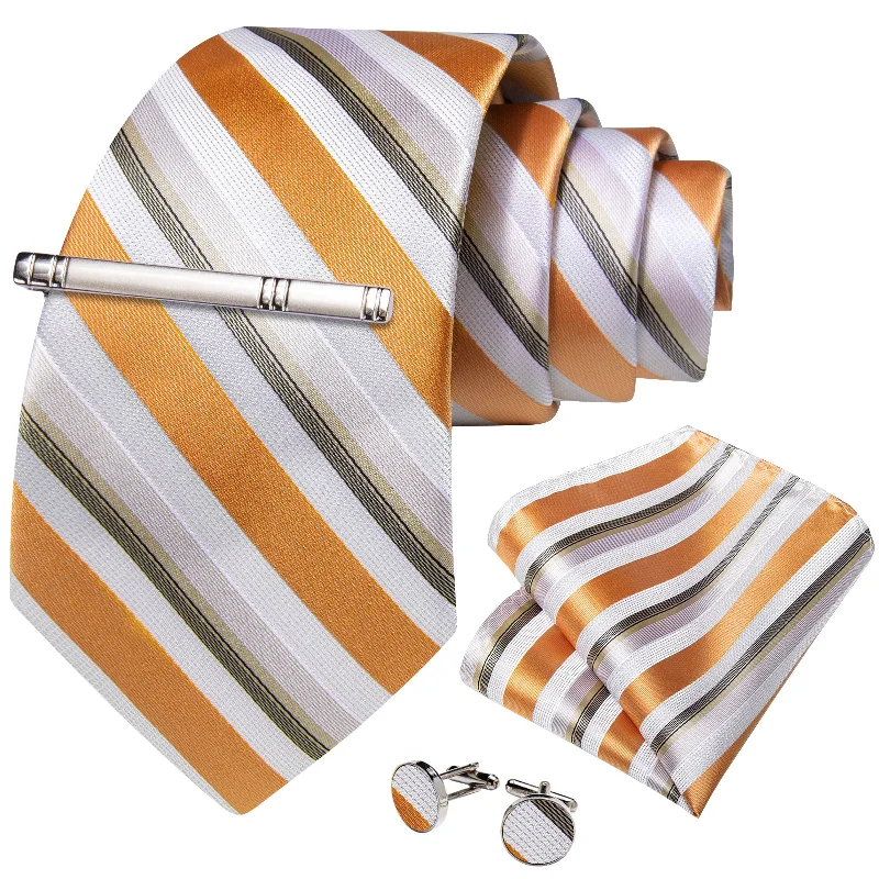 Men's business tie for interviews-Golden White Striped Men's Tie Handkerchief Cufflinks Clip Set