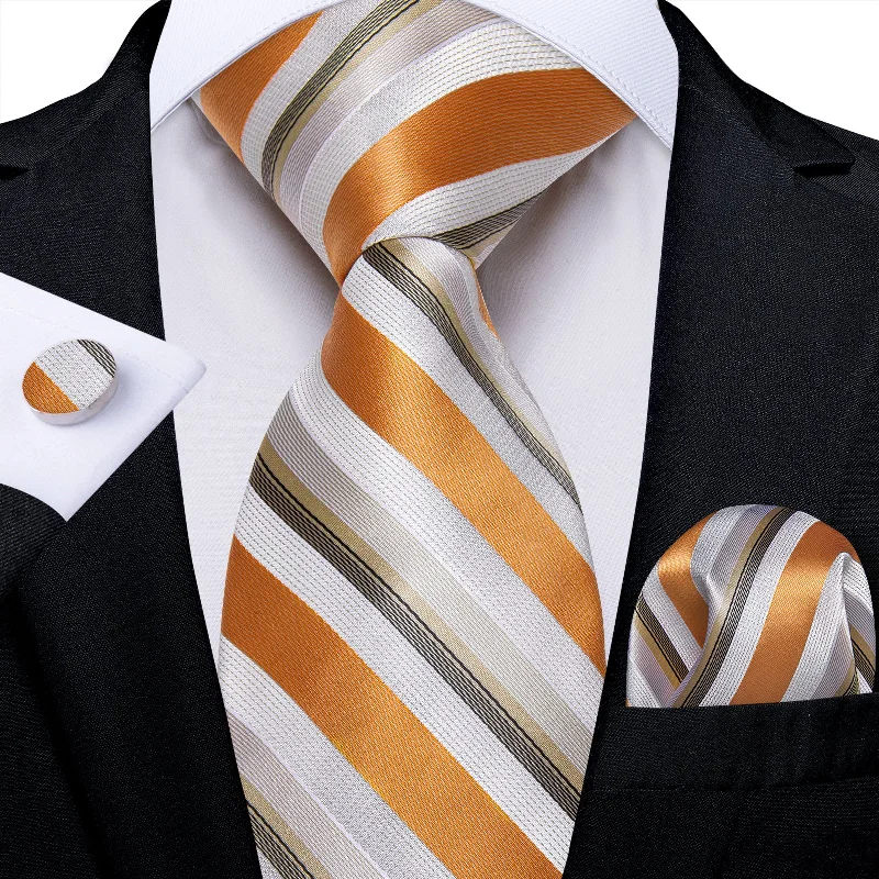 Men's tie with modern patterns-Golden White Striped Men's Tie Handkerchief Cufflinks Set