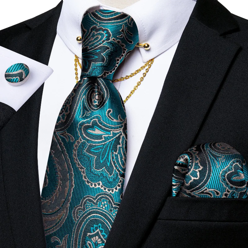 Professional silk tie for men-Green Black Paisley Men's Tie Handkerchief Cufflinks Set With Collar Pin