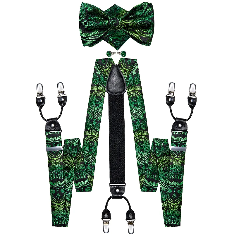 Men's necktie for holiday dinner-Green Floral Brace Clip-on Men's Suspender with Bow Tie Set