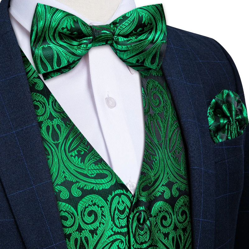 Classic men's tie for office wear-Green Floral Jacquard Silk Waistcoat Vest Bowtie Pocket Square Cufflinks Set