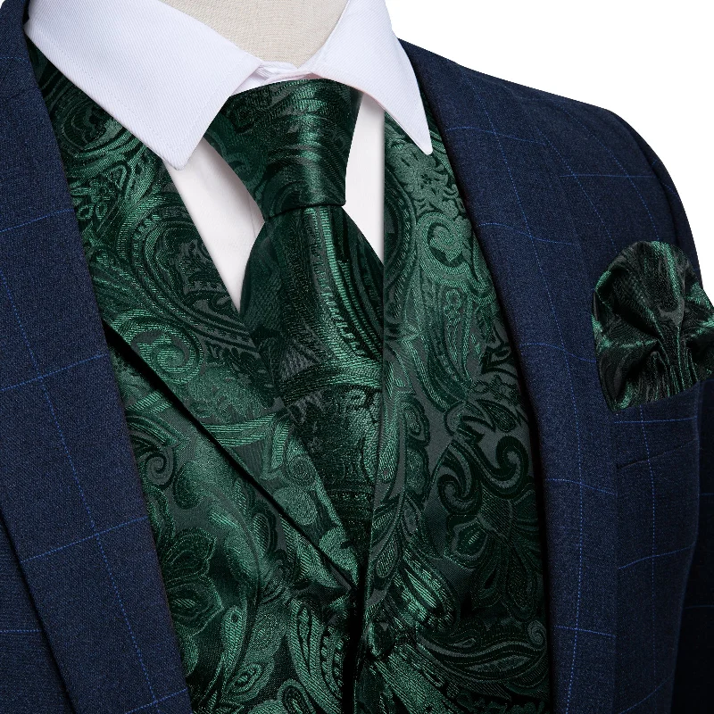 Affordable luxury men's tie-Green Floral Jacquard V Neck Waistcoat Vest Necktie Pocket Square Cufflinks Set