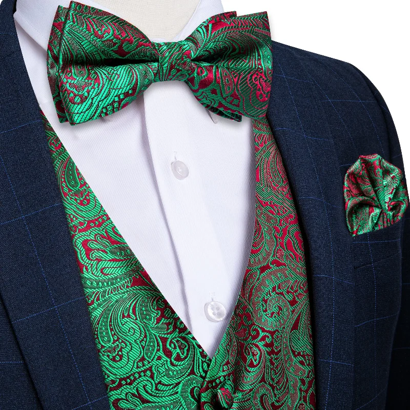 Men's tie for special occasions-Green Floral Jacquard Waistcoat Vest BowTie Handkerchief Cufflinks Set