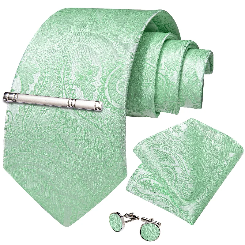 Men's tie with bold stripes-Green Floral Men's Tie Handkerchief Cufflinks Clip Set