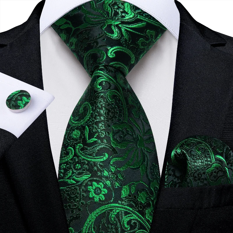 Modern men's necktie for work-Green Floral Men's Tie Handkerchief Cufflinks Set