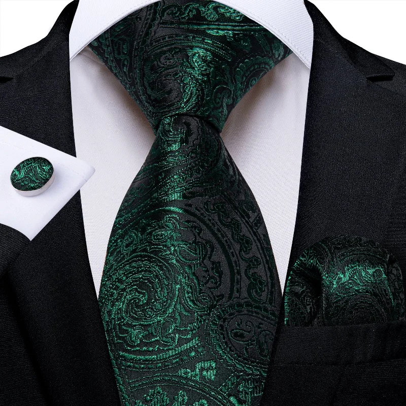 Men's business tie with subtle patterns-Green Floral Men's Tie Pocket Square Cufflinks Set