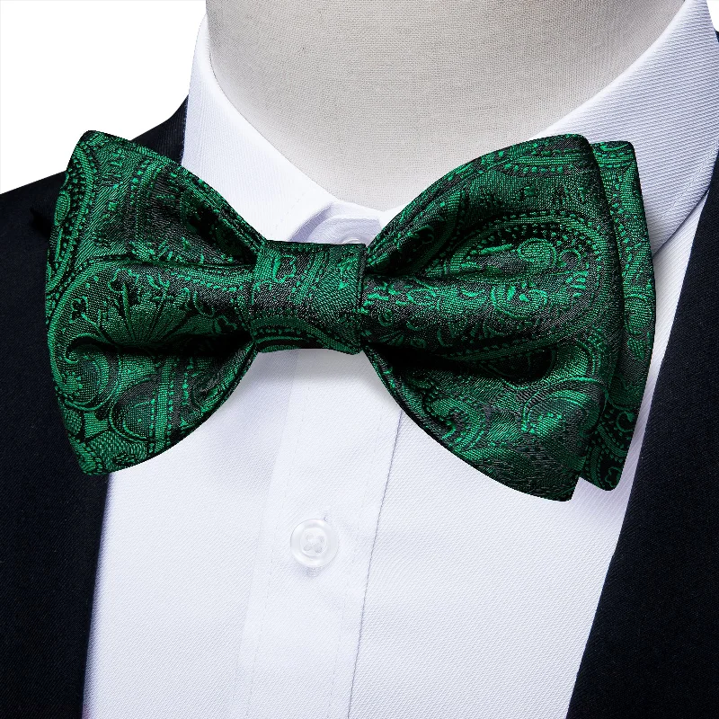 Affordable men's ties-Green Floral Silk Bowtie Pocket Square Cufflinks Set