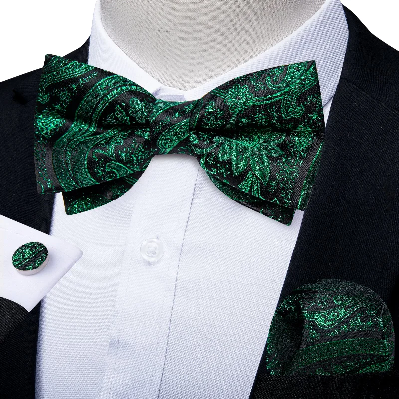 Professional men's tie for business-Green Floral Silk Men's Pre-Bowtie Pocket Square Cufflinks Set