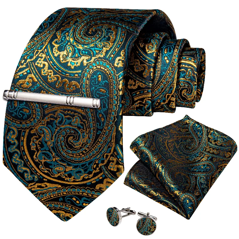 Men's tie with floral embroidery-Green Golden Floral Men's Tie Handkerchief Cufflinks Clip Set