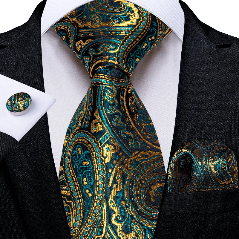 Men's classic necktie for office work-Green Golden Paisley Men's Tie Pocket Square Cufflinks Set