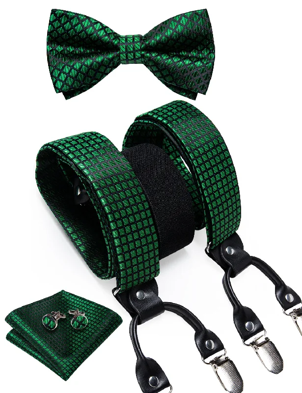 Men's tie for black tie events-Green Lattice Brace Clip-on Men's Suspender with Bow Tie Set