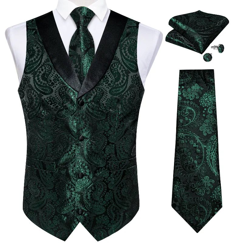 Men's tie with bold stripes-Green Paisley Jacquard V Neck Waistcoat Vest Tie Handkerchief Cufflinks Set