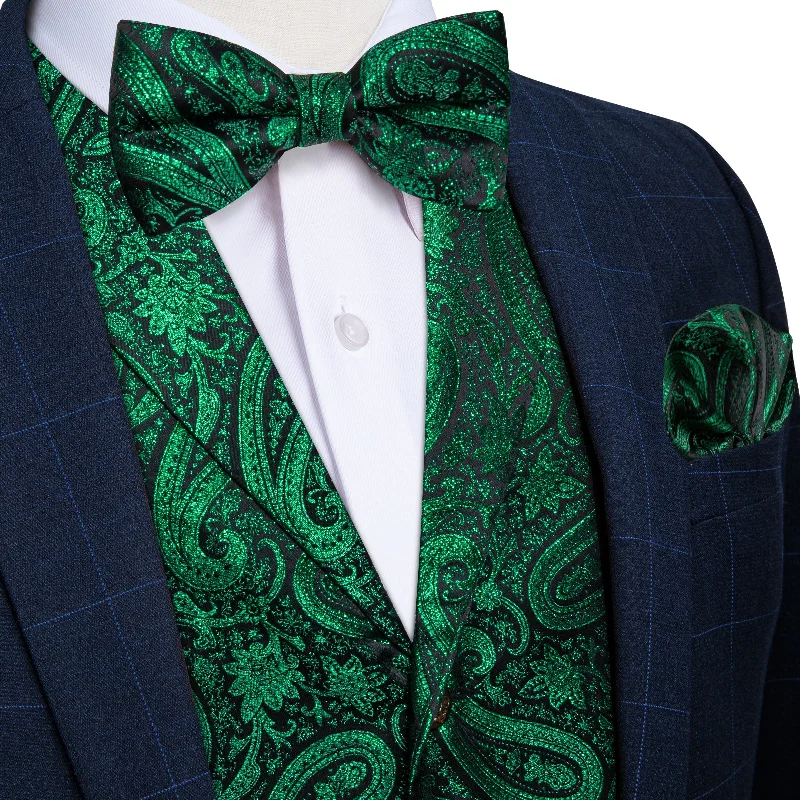 Men's silk tie for festive occasions-Green Paisley Jacquard Waistcoat Vest BowTie Handkerchief Cufflinks Set