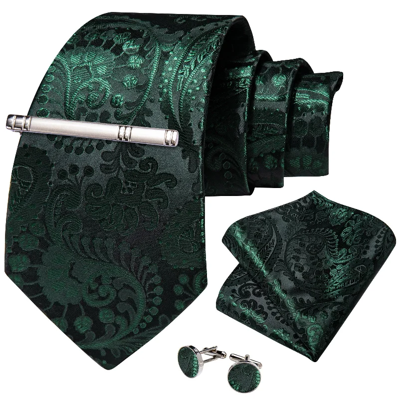 Classic necktie for men-Green Paisley Men's Tie Handkerchief Cufflinks Clip Set